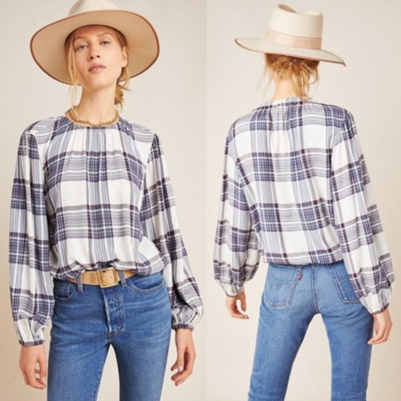 Anthropologie Tops - Anthropologie Cloth & Stone Glacier Plaid Blouse Top Size XS